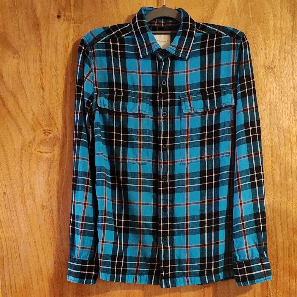 American Eagle Womens Plaid Flannel Button-Up Shirt Blue Orange 100% Cotton Sm